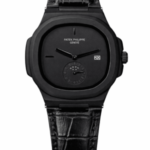 Patek Philippe All black dial leather strap wristwatch front view