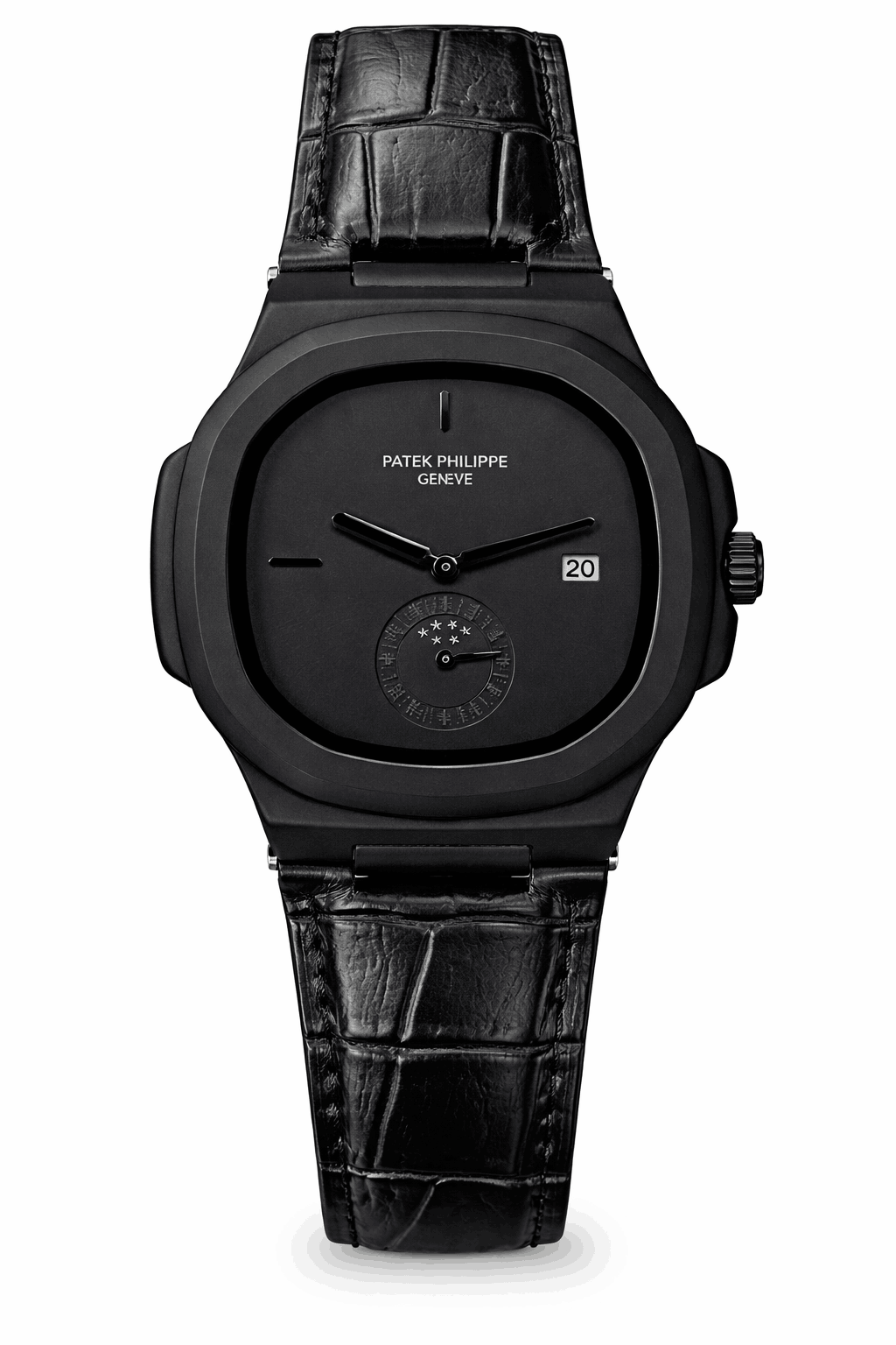 Patek Philippe All black dial leather strap wristwatch front view