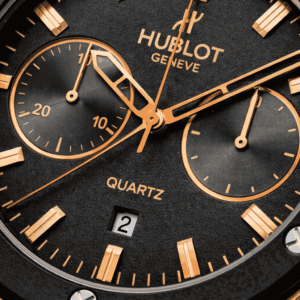 Macro close Hublot Black Dial Rose Gold Case