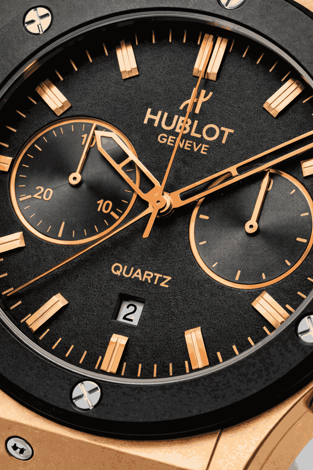 Macro close Hublot Black Dial Rose Gold Case
