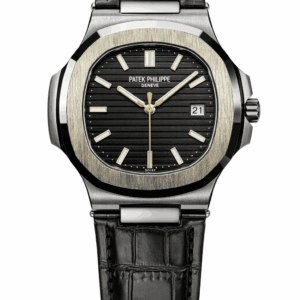 Black dial leather strap wristwatch front view