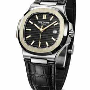 Leather strap wristwatch shown at 45 degree angle