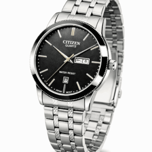Stainless steel wristwatch shown at 45 degree angle