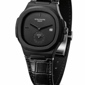 Black leather strap wristwatch shown at 45 degree angle