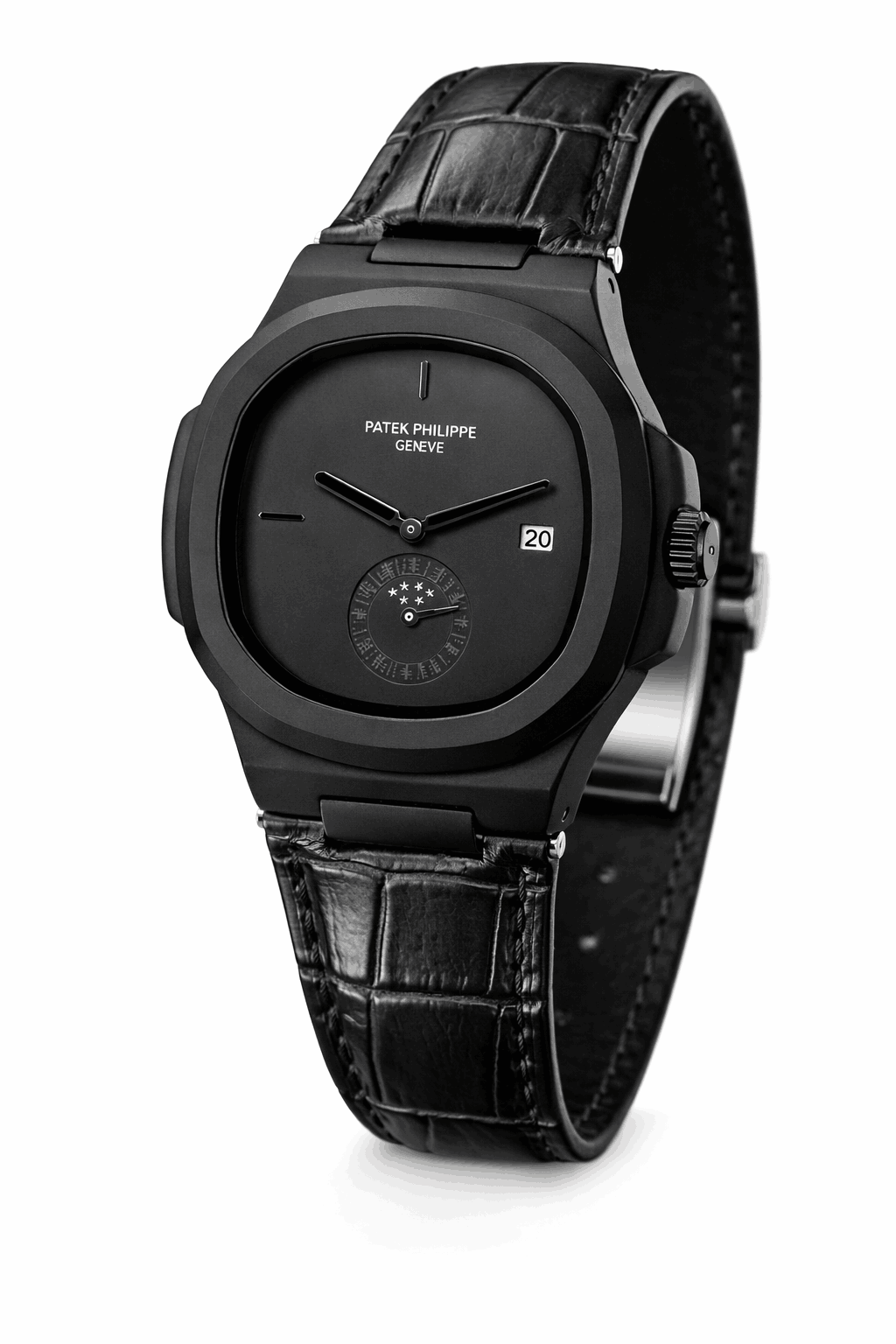 Black leather strap wristwatch shown at 45 degree angle