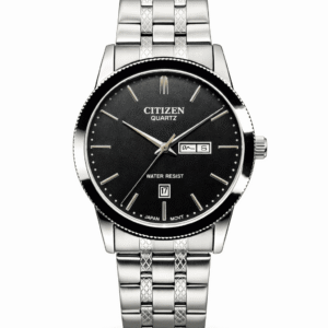 Black dial stainless steel wristwatch front view