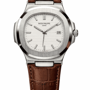 White dial leather strap wristwatch front view