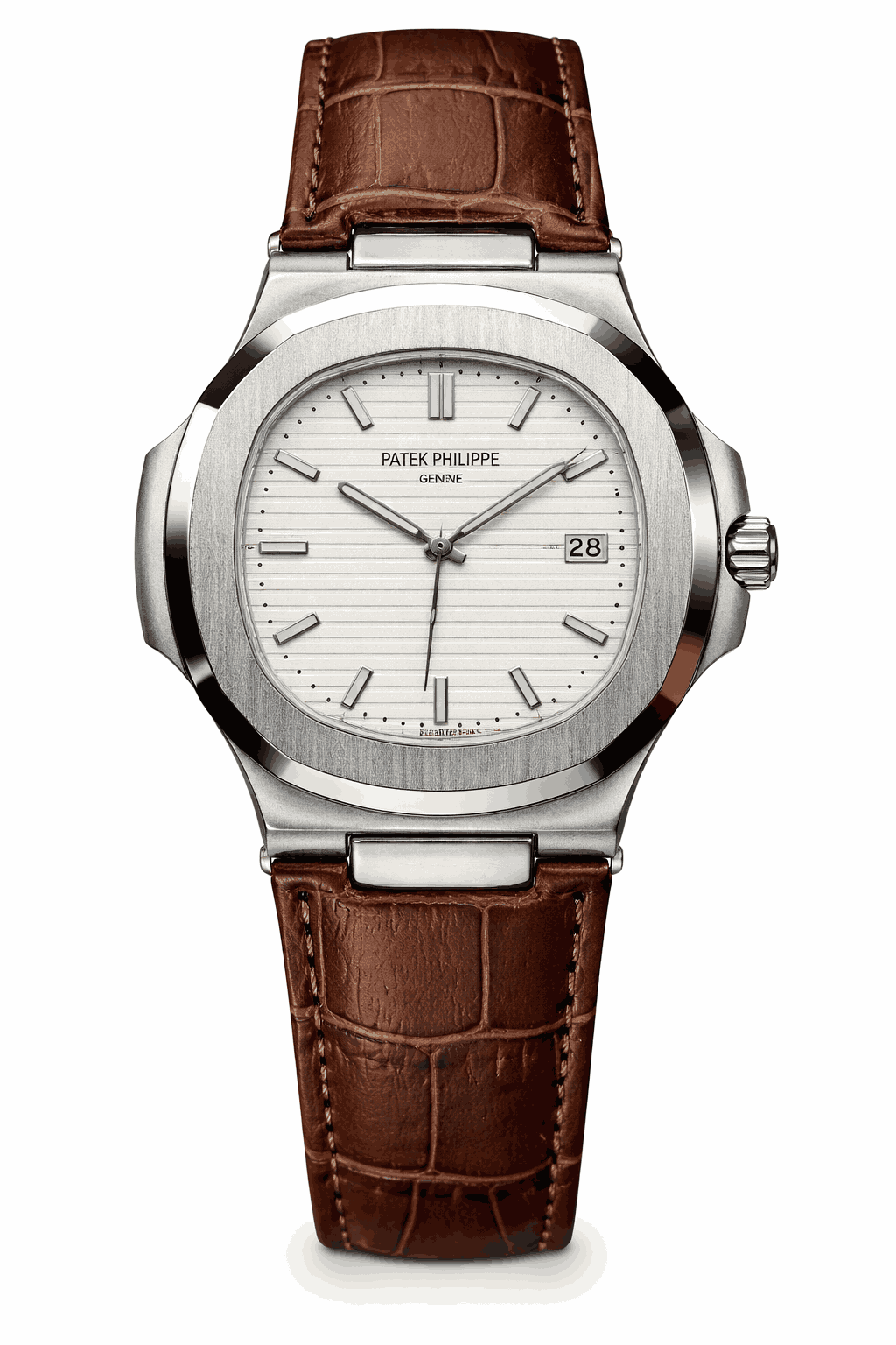 White dial leather strap wristwatch front view