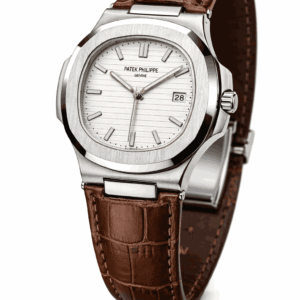 Leather strap wristwatch shown at 45 degree angle