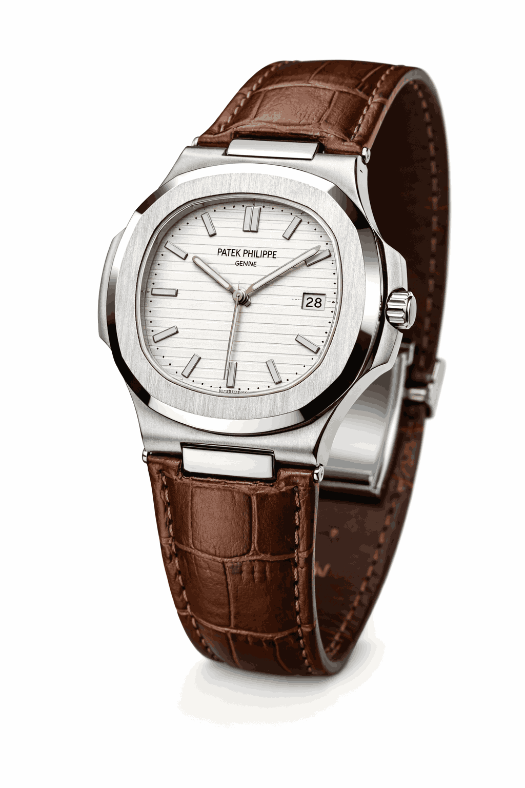 Leather strap wristwatch shown at 45 degree angle