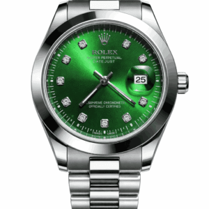 Green dial stainless steel wristwatch front view