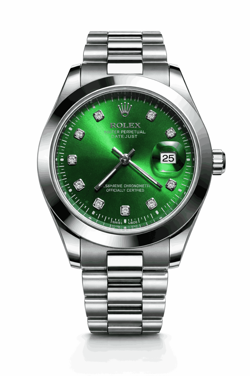 Green dial stainless steel wristwatch front view