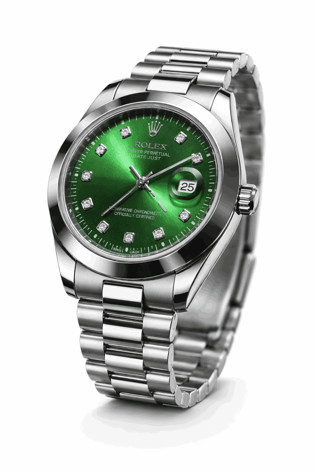 Stainless steel wristwatch shown at 45 degree angle