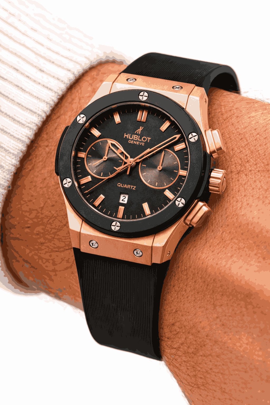 Hublot Black Dial Rose Gold Case watch worn