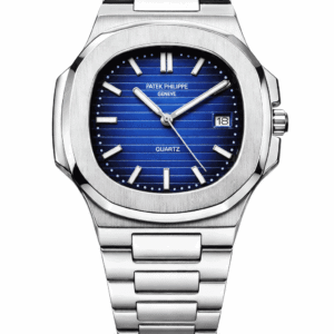 stainless steel blue dial men watch frontal view