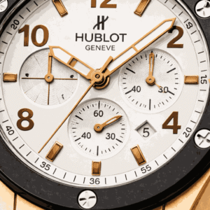 Macro close up of white chronograph watch dial