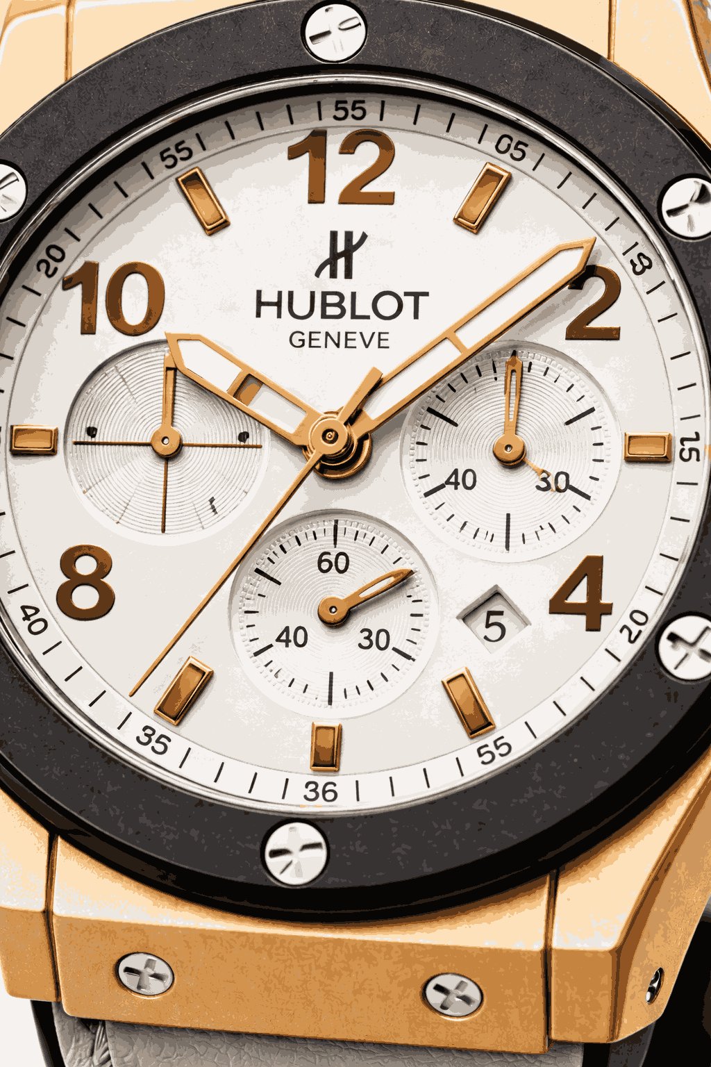 Macro close up of white chronograph watch dial