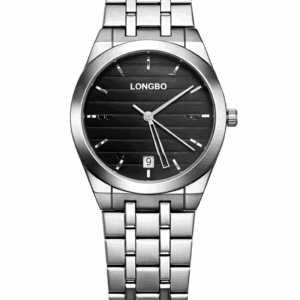 Black dial metal watch front