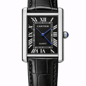 Cartier Tank black dial black leather front view