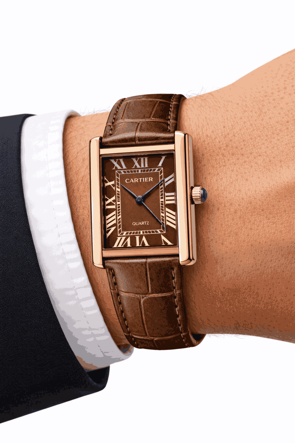 Cartier Tank brown dial leather watch on wrist