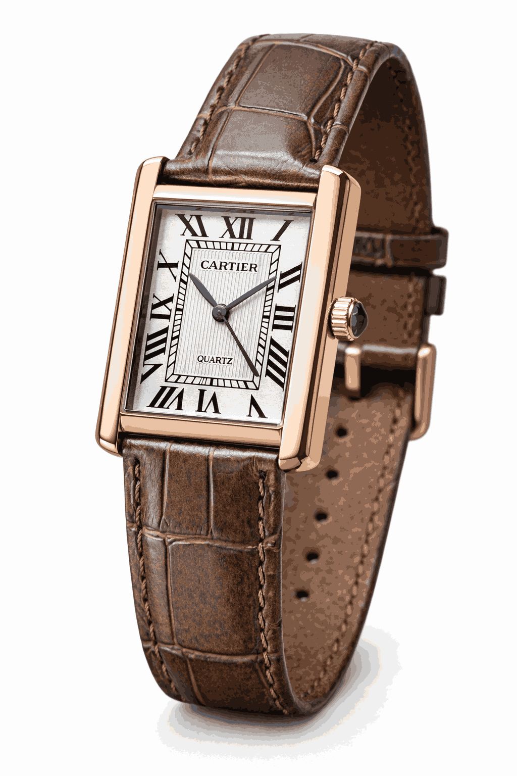 Cartier Tank luxury rose gold watch angled view