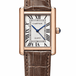 Cartier Tank rose gold leather strap front view