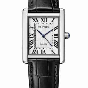 Cartier Tank silver case black leather front view