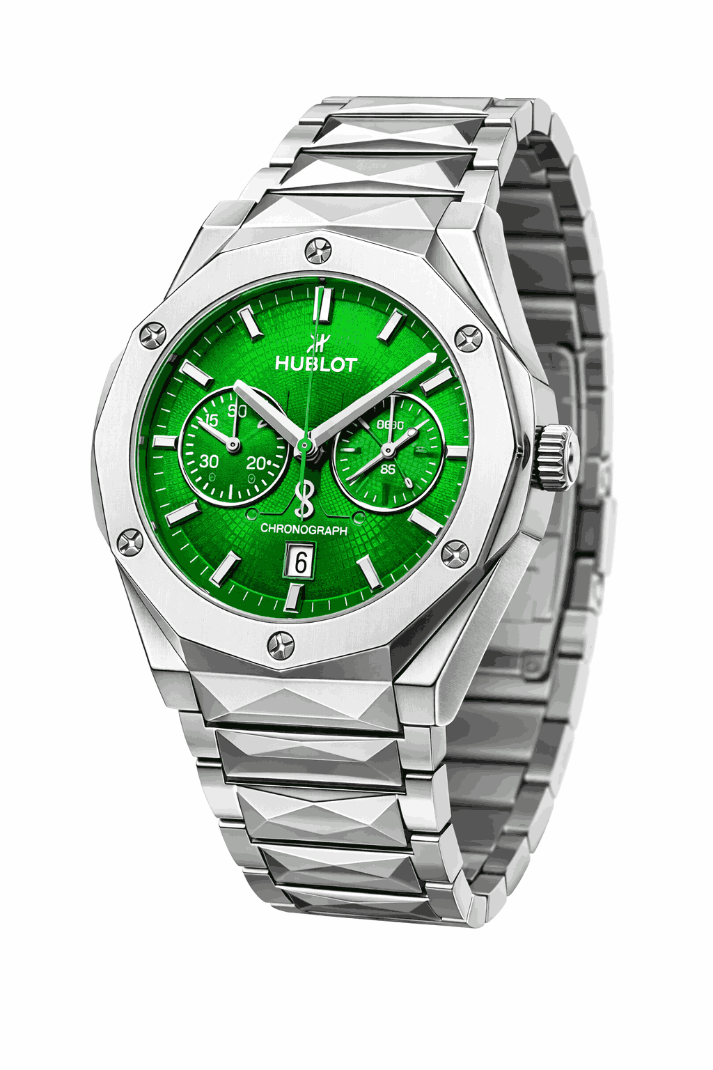 Hublot skeleton chronograph luxury steel watch angled view