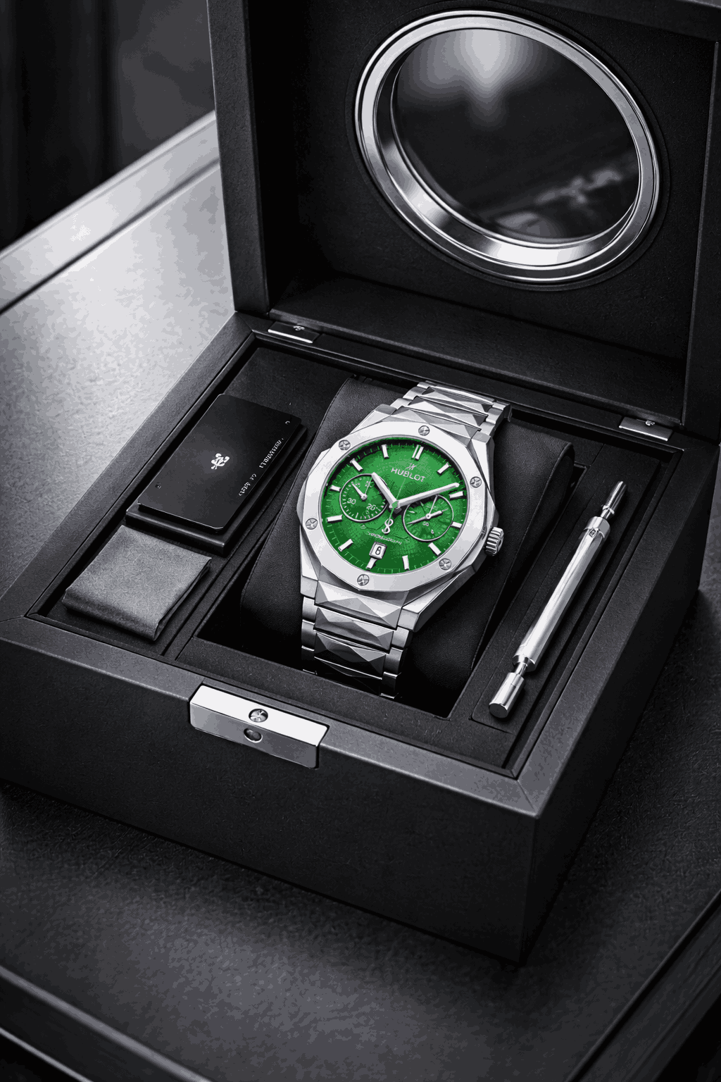 Hublot green skeleton chronograph luxury watch with box