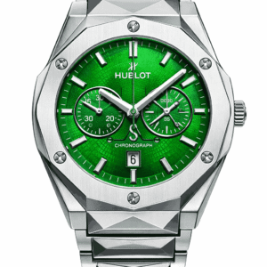 Hublot green skeleton chronograph stainless steel front view