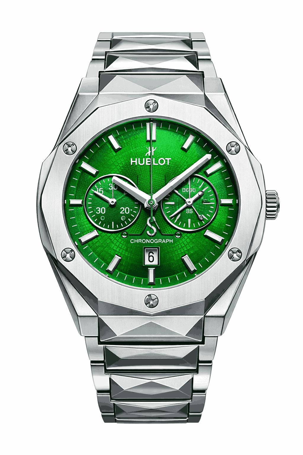 Hublot green skeleton chronograph stainless steel front view