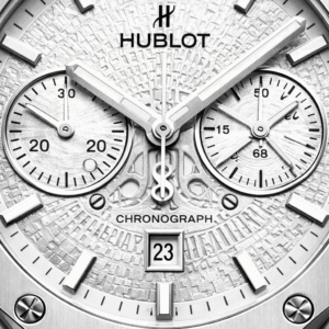 Hublot silver chronograph dial close up macro detail
