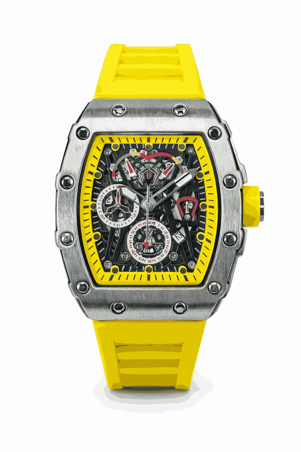 Yellow strap skeleton watch front